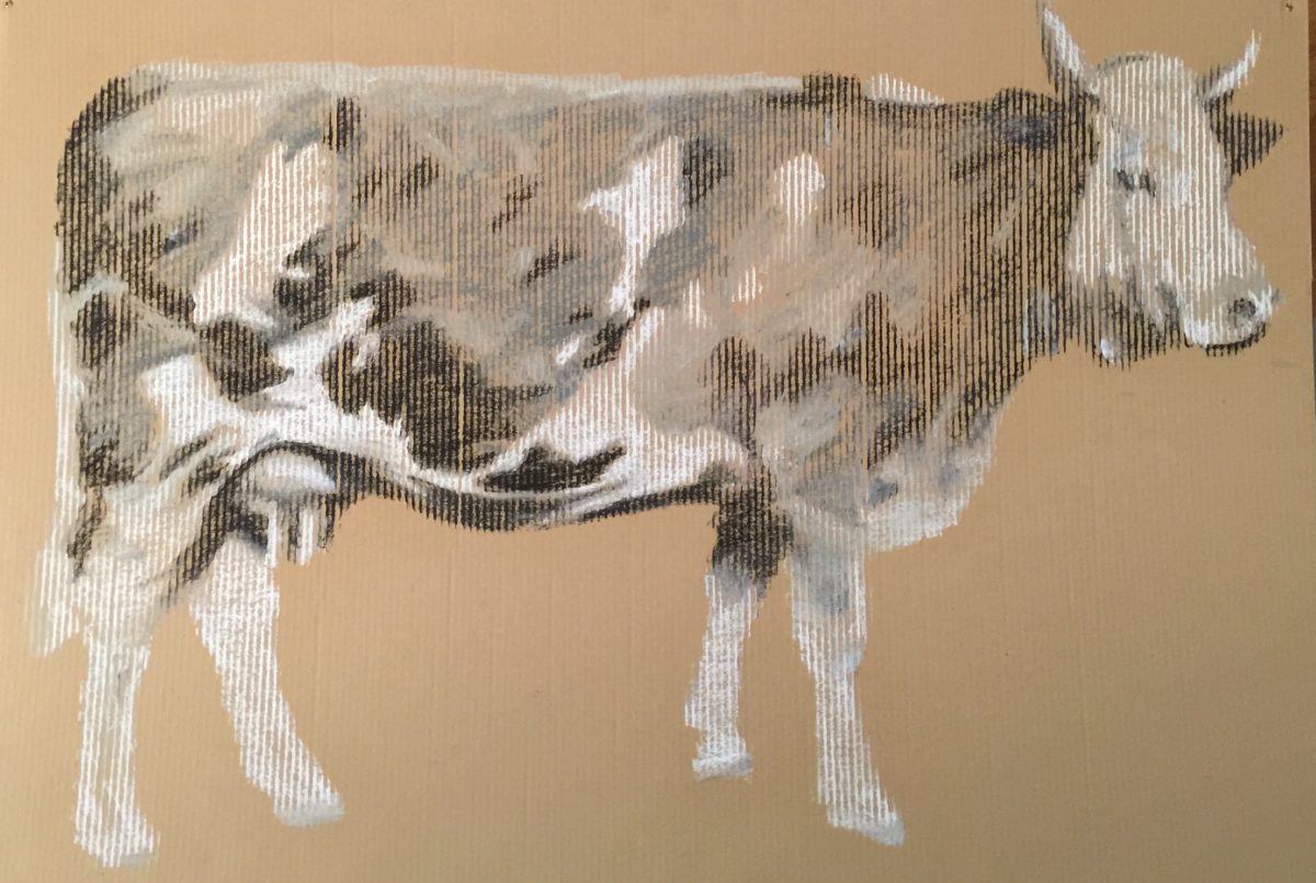 AESCHLIMANN Catherine, Cerise, née en 1926 et disparue dans un ravin, 2015, pastel et fusain sur carton ondulé, 180 x 120 cm, vache