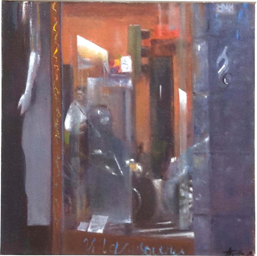 LARIBI-FROSSARD Agnès, trafic, 2016, huile, 30x30cm, reflets urbains
